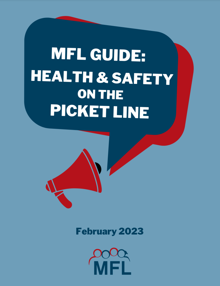 Cover page of MFL Guide: Health and Safety on the Picket Line, featuring illustrated megaphone and word bubble. 