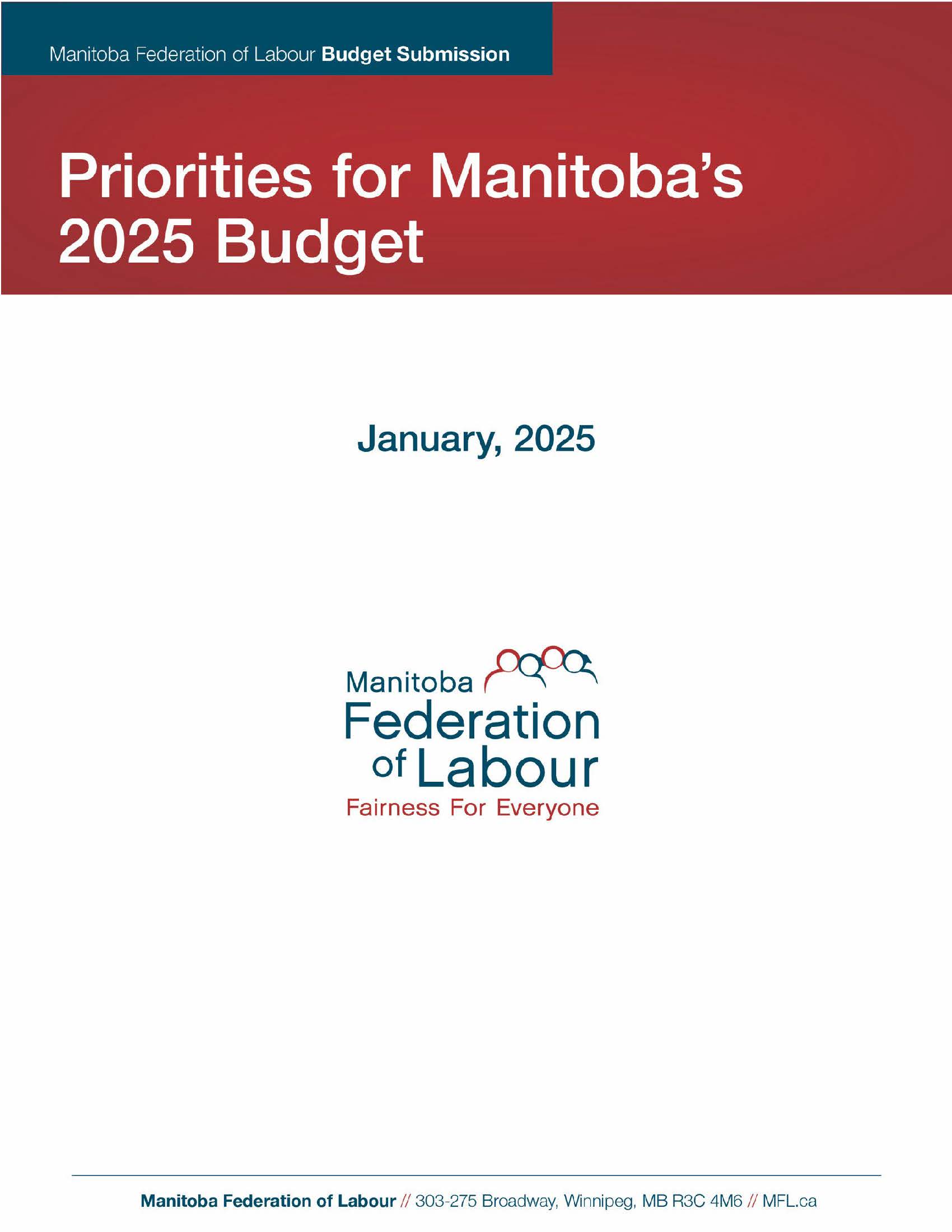 Cover page of 2025 MFL provincial budget submission, January, 2025