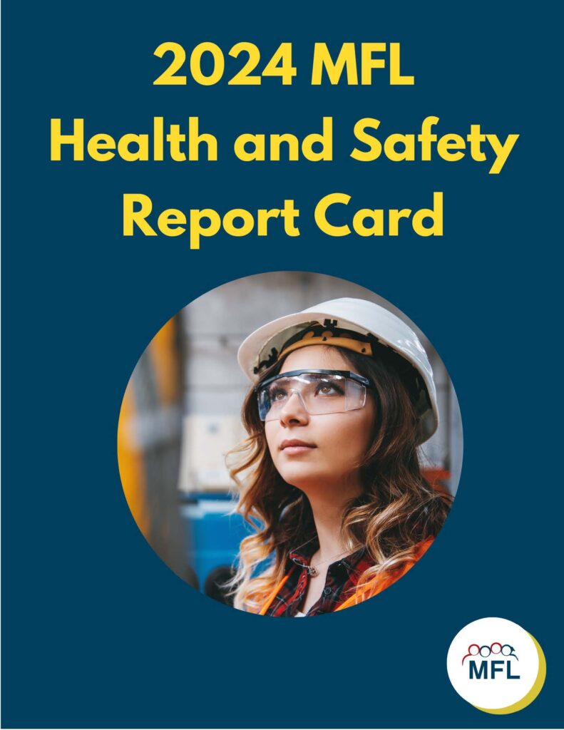 Cover page of 2024 MFL Health and Safety Report Card featuring woman in hard hat.